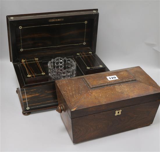 A William IV calamander and mother of pearl inlaid sarcophagus tea caddy, with canisters flanking a glass mixing bowl H.18cm. W33cm.